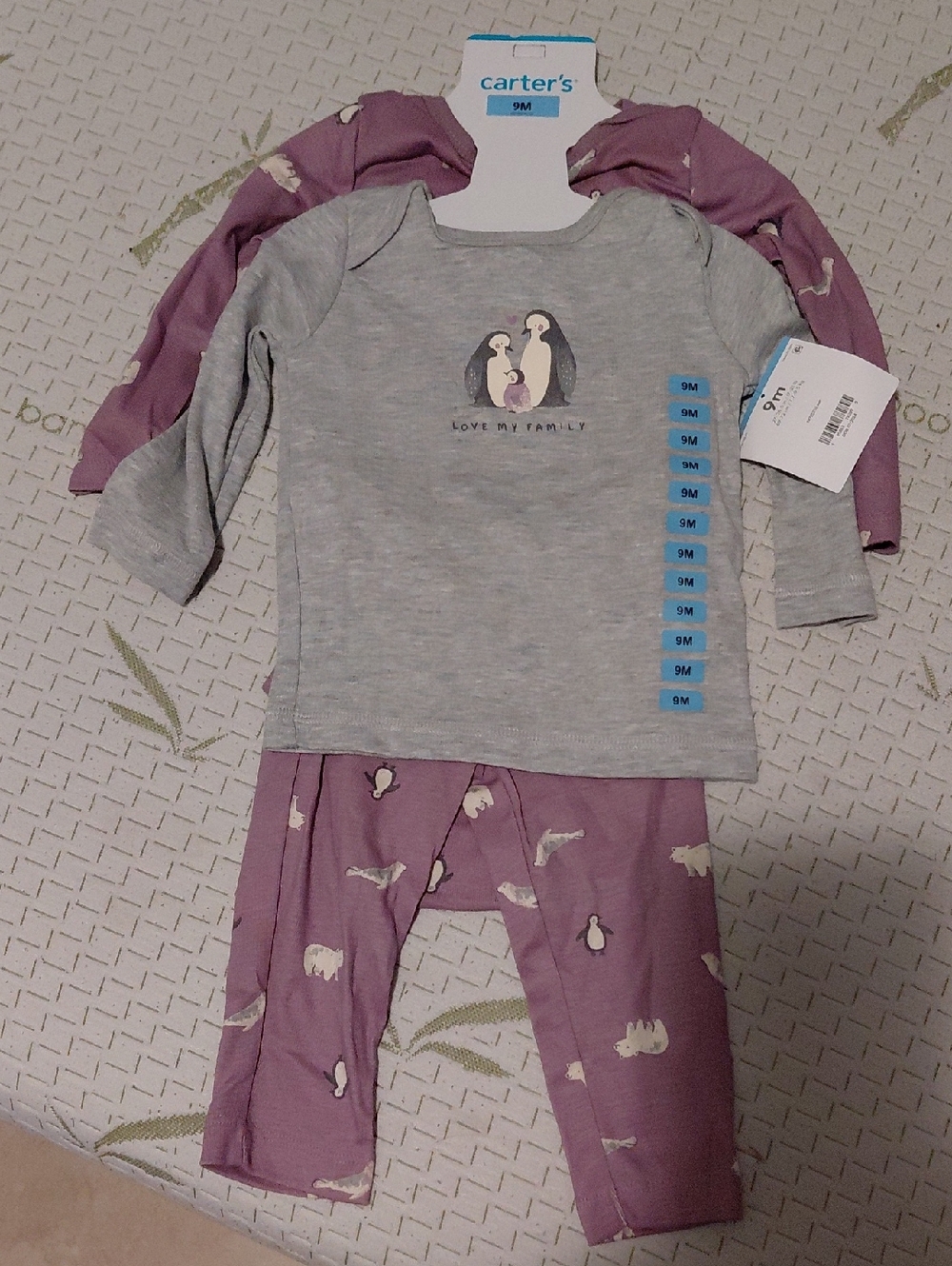 Carter's Gray Top & Mauve Penguin Print Pajama Set